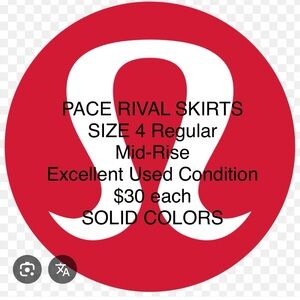Lululemon solid colored Pace Rival Tennis/Running skirts. Size 4 reg, mid-rise.
